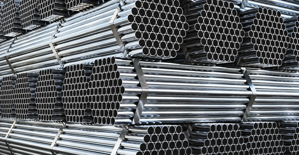 Bundles of steel pipe in a warehouse