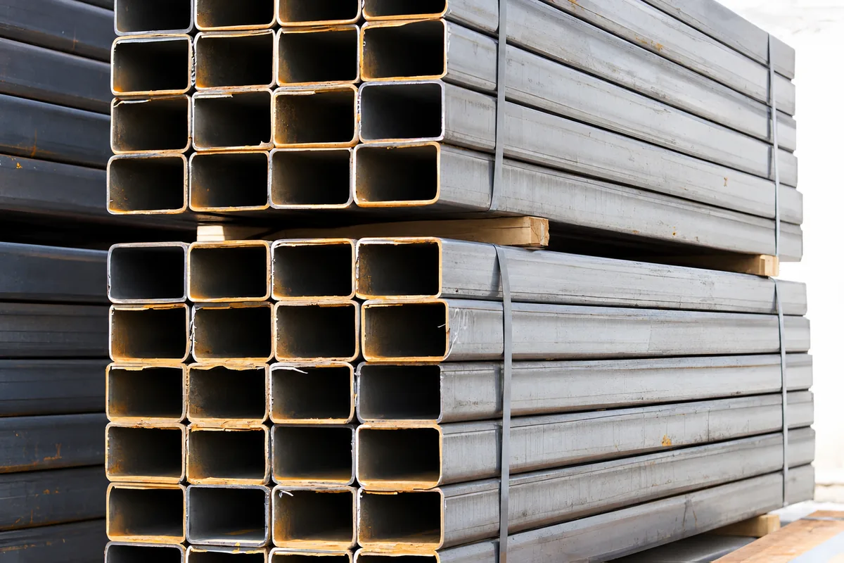 Profiles stacked on timber supports